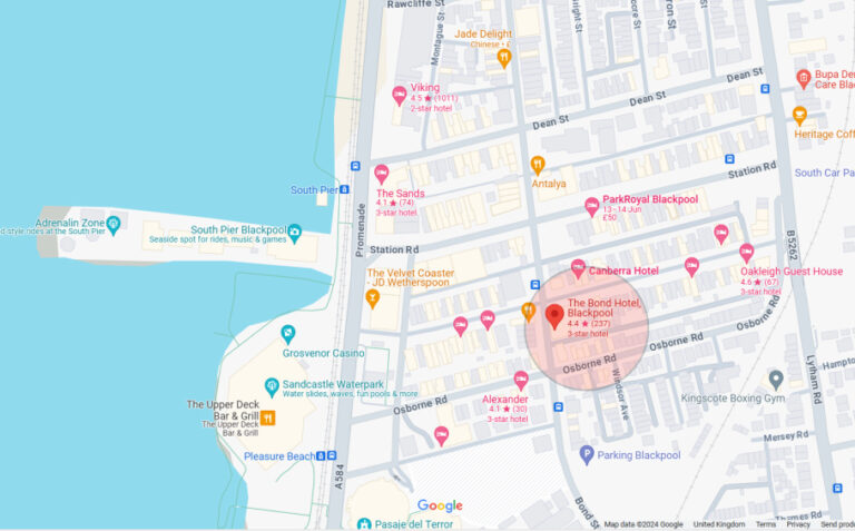 Google map showing location of the Bond Hotel. Click on the map to explore