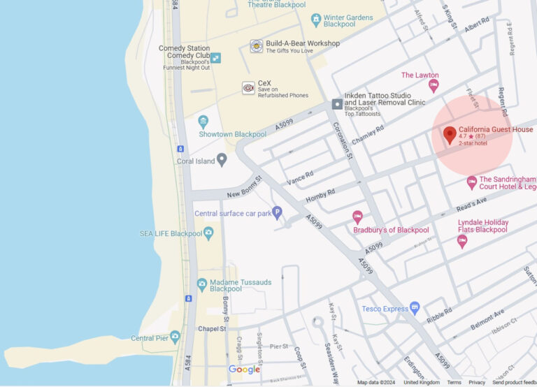 Google map showing location of California Guest House at Hornby Road