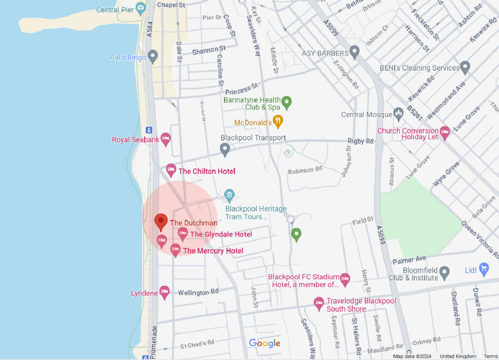 Google map showing location of Dutchman Hotel Blackpool. Click on it to explore