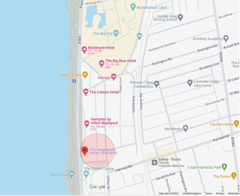 Google map showing Location of Headlands Hotel. Click on the map to explore