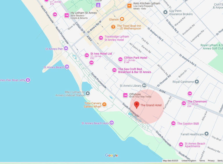 Google map showing location of The Grand Hotel St Annes. Click on it to explore.