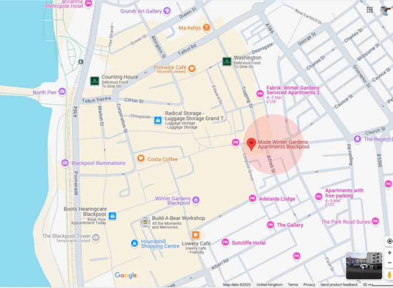 Google map showing location of Mode Apartments, Winter Gardens Blackpool. Click on the map to explore