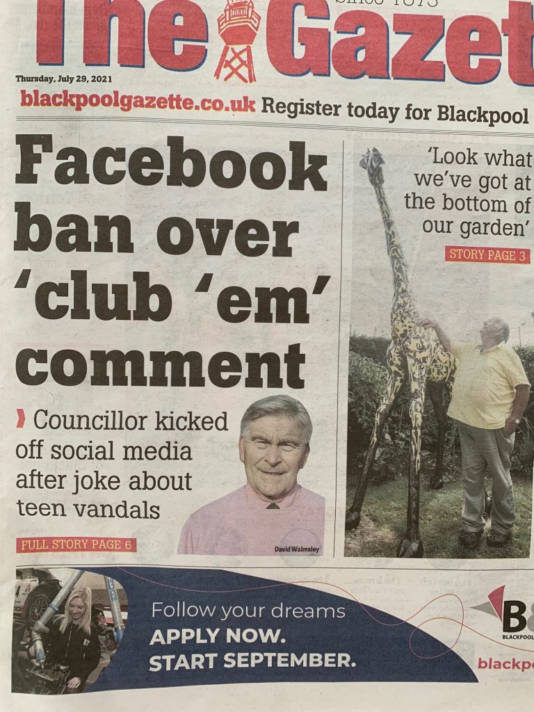 At the end of your tether? You can say that again. When I saw a picture of our councillor on the front page of the Gazette.