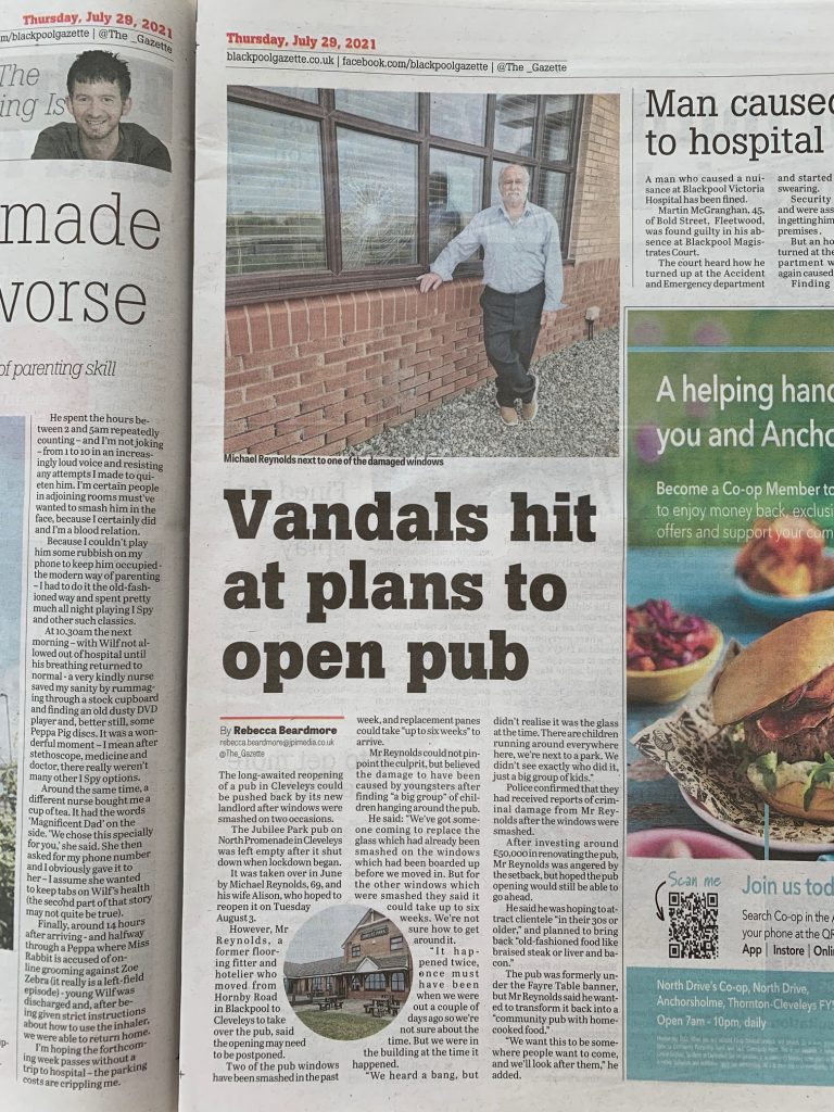 Vandals also hit a Cleveleys pub