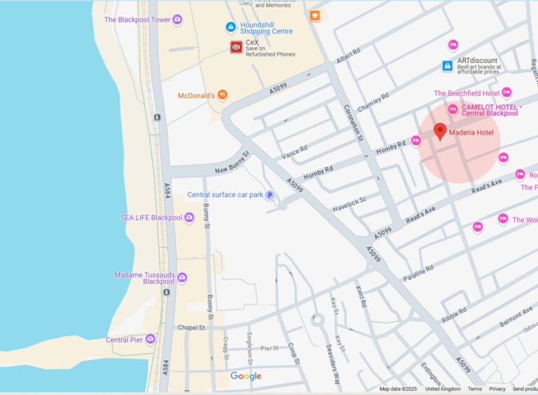 Google map showing location of Madeira Hotel Blackpool. Click on the map to explore