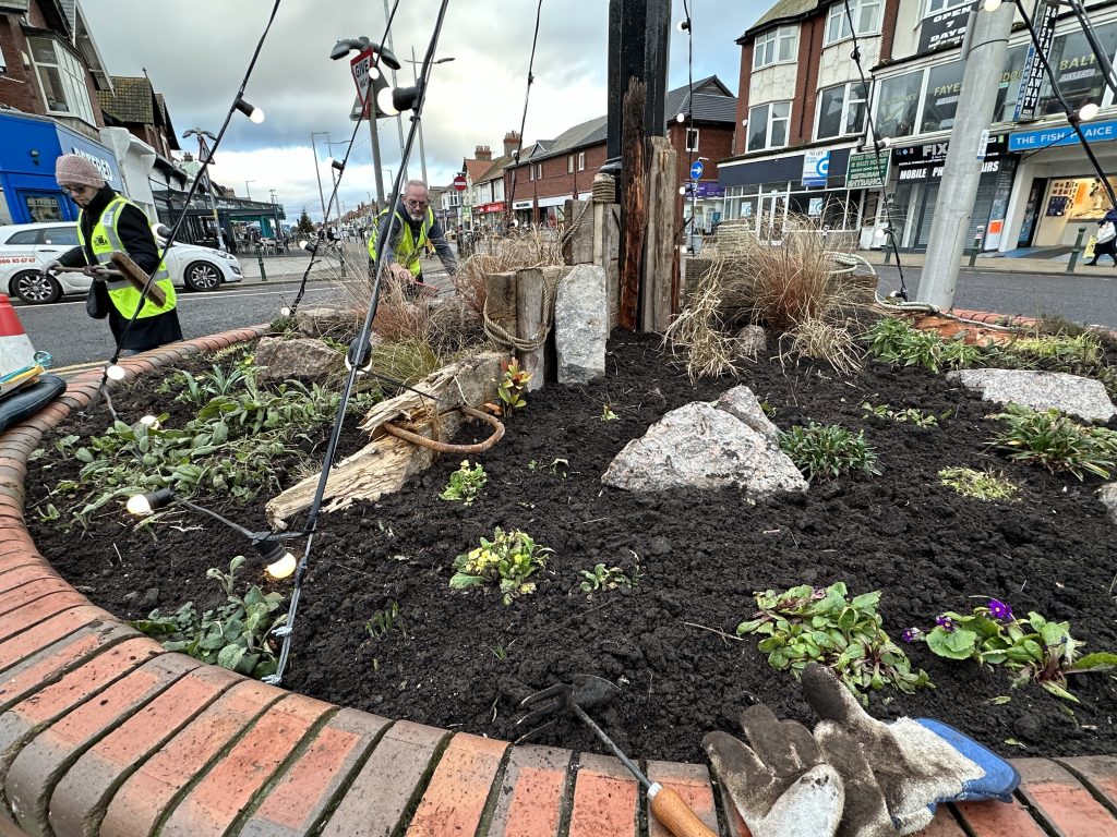 Remodelled clock garden in a seaside theme, echoing Cleveleys beach