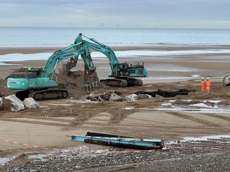Building one of the rock groynes, part of the Wyre Beach Management Scheme