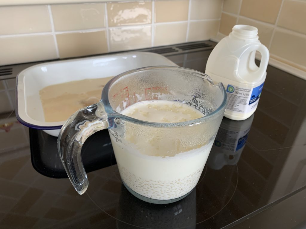 Warm up the rice and milk first