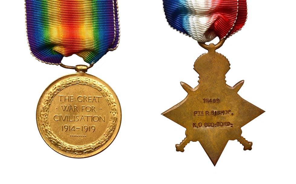 Details on the reverse of WW1 medals awarded to Richard Bishop. Chrissies War