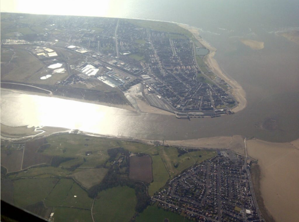 River Wyre and Fleetwood seen from the sky in a plane